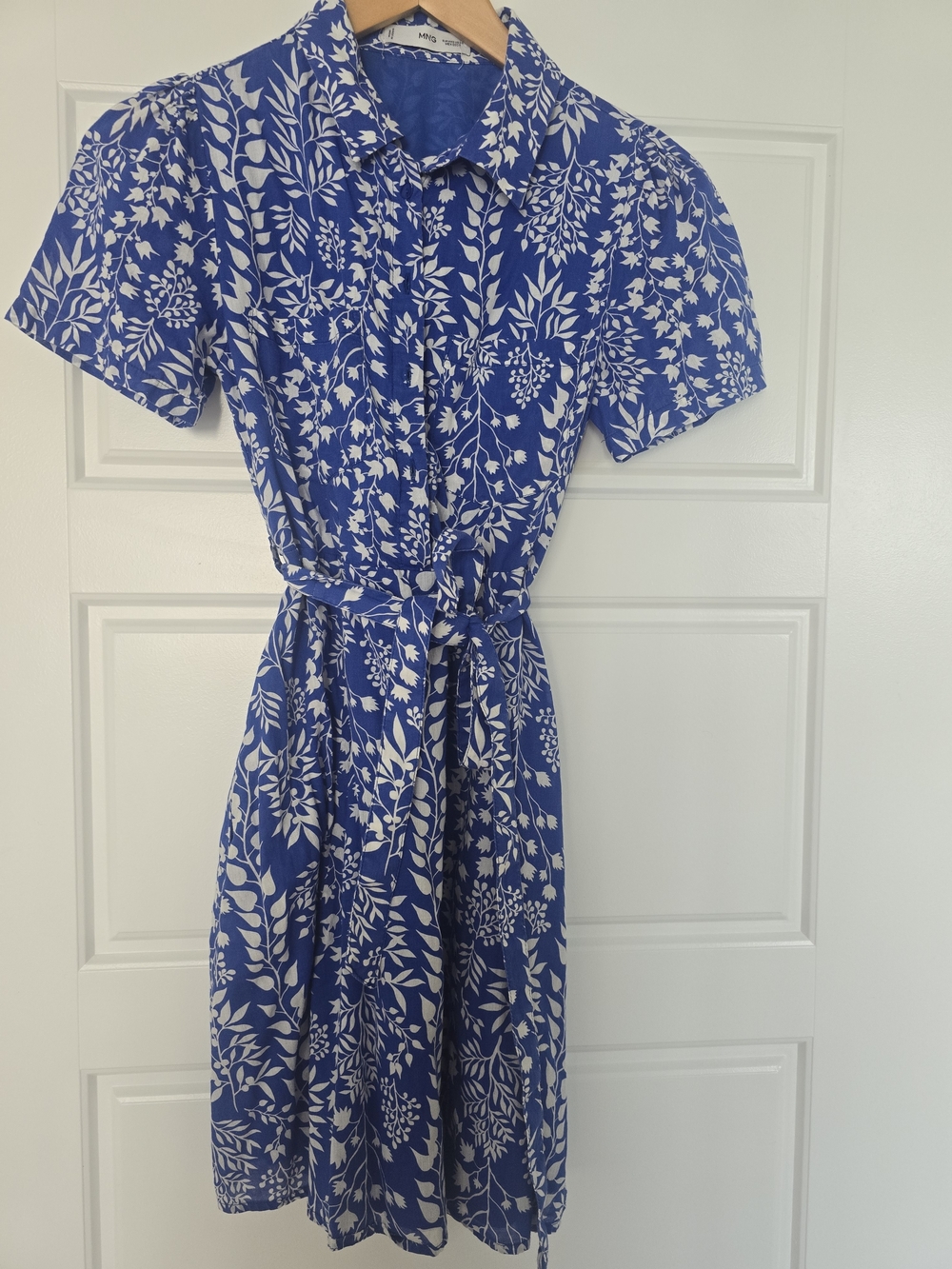 Mango Blue and White Floral Shirt Dress with Tie Waist